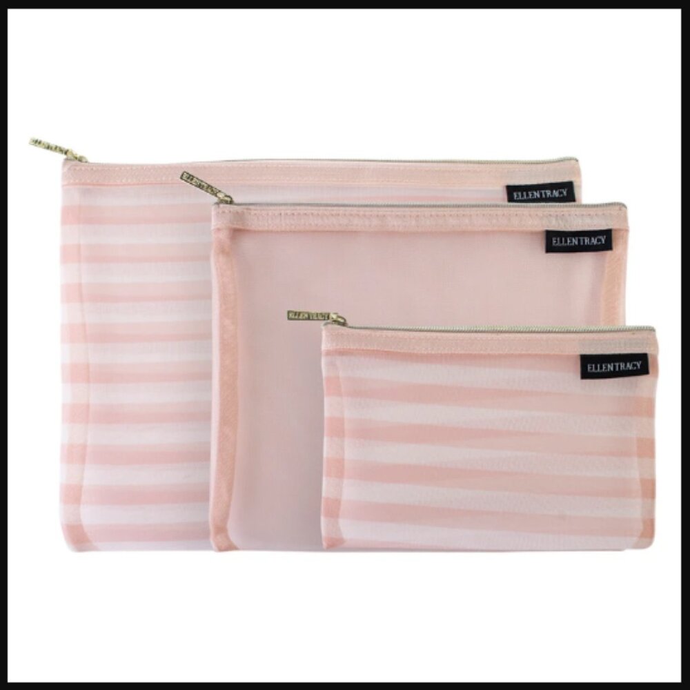 ❣️2/$36 NWT Ellen Tracy 3 Piece Mesh Pouch Set Travel Storage Pink Stripes $35